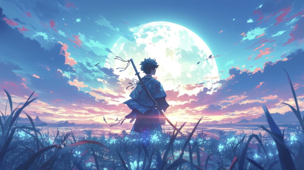 a big moon with clouds, a character with sword standing, wondering about something